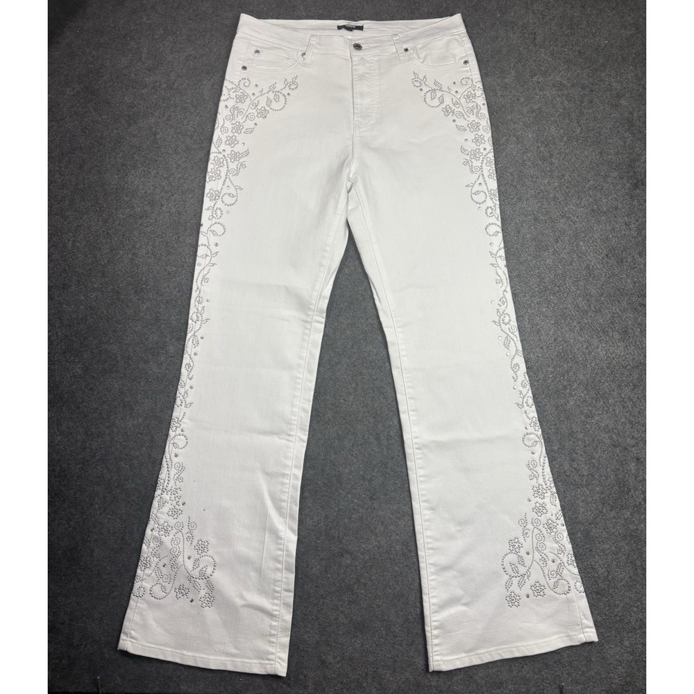 Tesoro Moda Women's Flare Jeans Size 10 White Rhinestone Embellished Bling